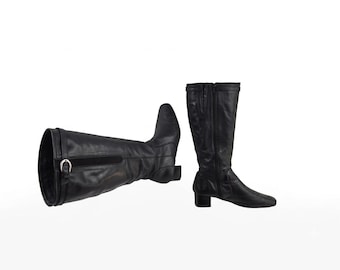 Leather square toe wide calf boots: Y2K vintage black heeled, knee high, 9 US