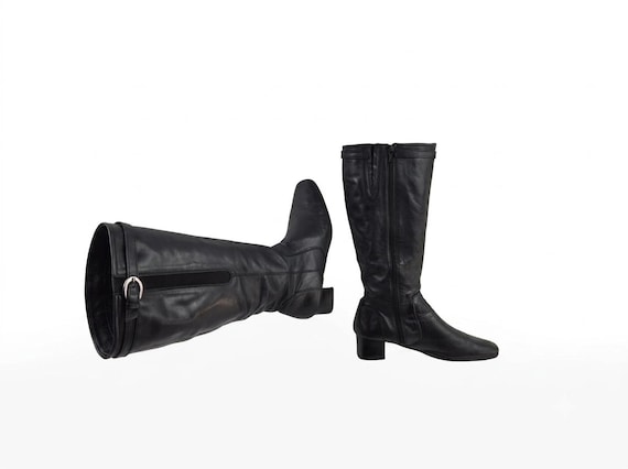 Leather knee high square toe wide calf boots: 90s vintage black heeled, 9 US