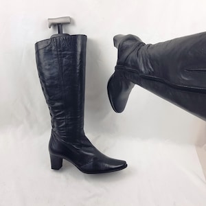 Leather gogo wide calf boots women, stiefel damen, shoes women, 90s vintage black knee high heeled boots, y2k womens boots size 7 US