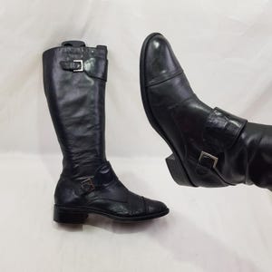 Middeleeuwse leren dameslaarzen, schoenen dames, jaren 90 kniehoge zwarte laarzen met lage hak, y2k vintage plus size laarzen, dames laarzen met gesp maat 10 VS