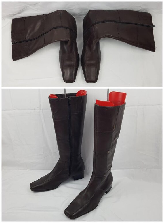 Patchwork Brown Leather Knee High Boots Women - 9… - image 9