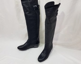Over the knee high boots, 90s vintage black lather boots women, flats shoes women, handmade long boots, y2k fashion round toe tall boots