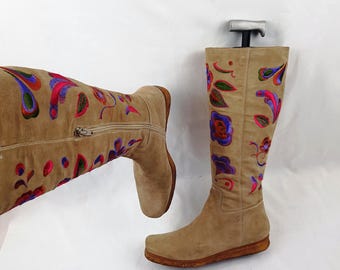 Barefoot suede leather embroidered boots women: Y2k vintage floral, knee high, size 7 US