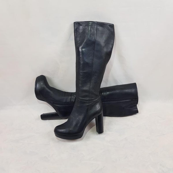 Bottes plateforme des années 90, chaussures femmes, bottes en cuir noir pour femmes, bottes hautes, bottes vintage à talons hauts, bottes longues pour femmes à bout rond