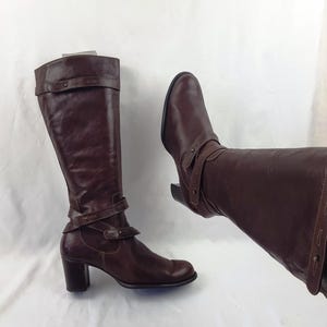 Leather wide calf gogo renaissance boots women, shoes women, y2k hippie brown knee high boots, 90s vintage heeled womens boots size 10 US