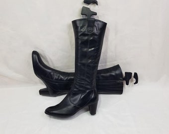 Gogo knee high boots, black leather boots women, y2k fashion round toe boots, shoes women, long handmade boots, vintage heeled witchy boots