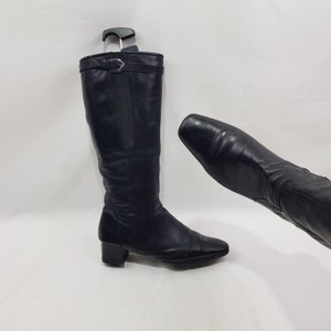 Womens leather knee high square toe boots, y2k heeled boots women, 90s fashion vintage boots, shoes women, black low heel boots size 9 US
