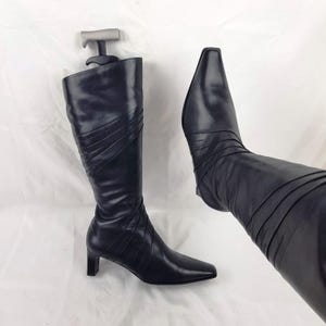Leather knee high square toe boots women, shoes women, 90s vintage heeled boots 2in heel, ladies shoes, y2k womens witch boots size 7 US