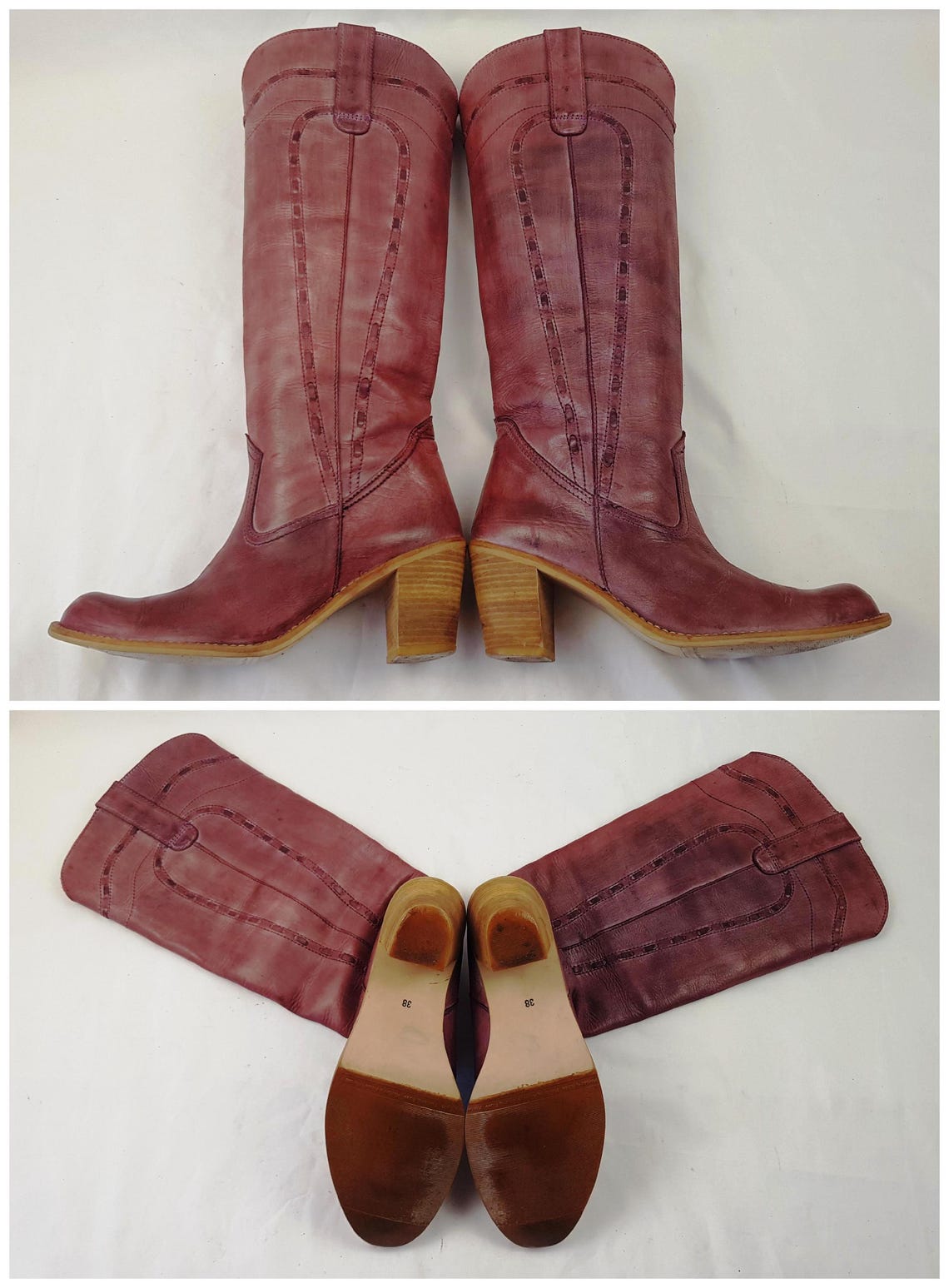 Western leather knee high heeled boots women: Y2K vintage red burgundy, size 7 US, foto 3 di 5