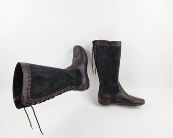 Barefoot tall lace up flat leather boots: 90s vintage grounding knee high, wide calf