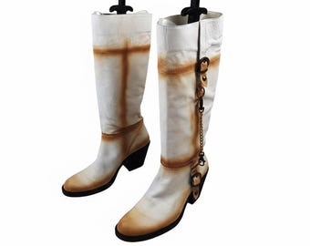 Vintage leather cowboy heeled Italian boots women: Western, white cowgirl, knee high, 10 US