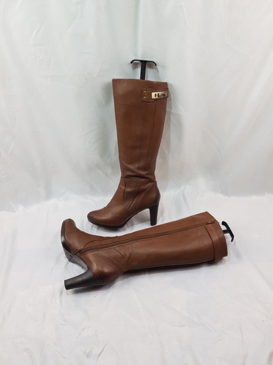 Platform leather heeled boots women: Y2k knee high vintage brown, size 7 US, foto 1 di 5