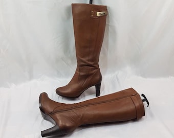 Stivali con plateau e tacco in pelle da donna: scarpe vintage marroni al ginocchio, taglia 7 US