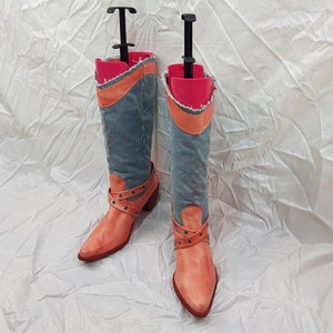Roze leren cowboylaarzen dames, cowboy denim kniehoge laarzen, damesschoenen jaren 90 vintage laarzen met hak, mod puntige laarzen dames