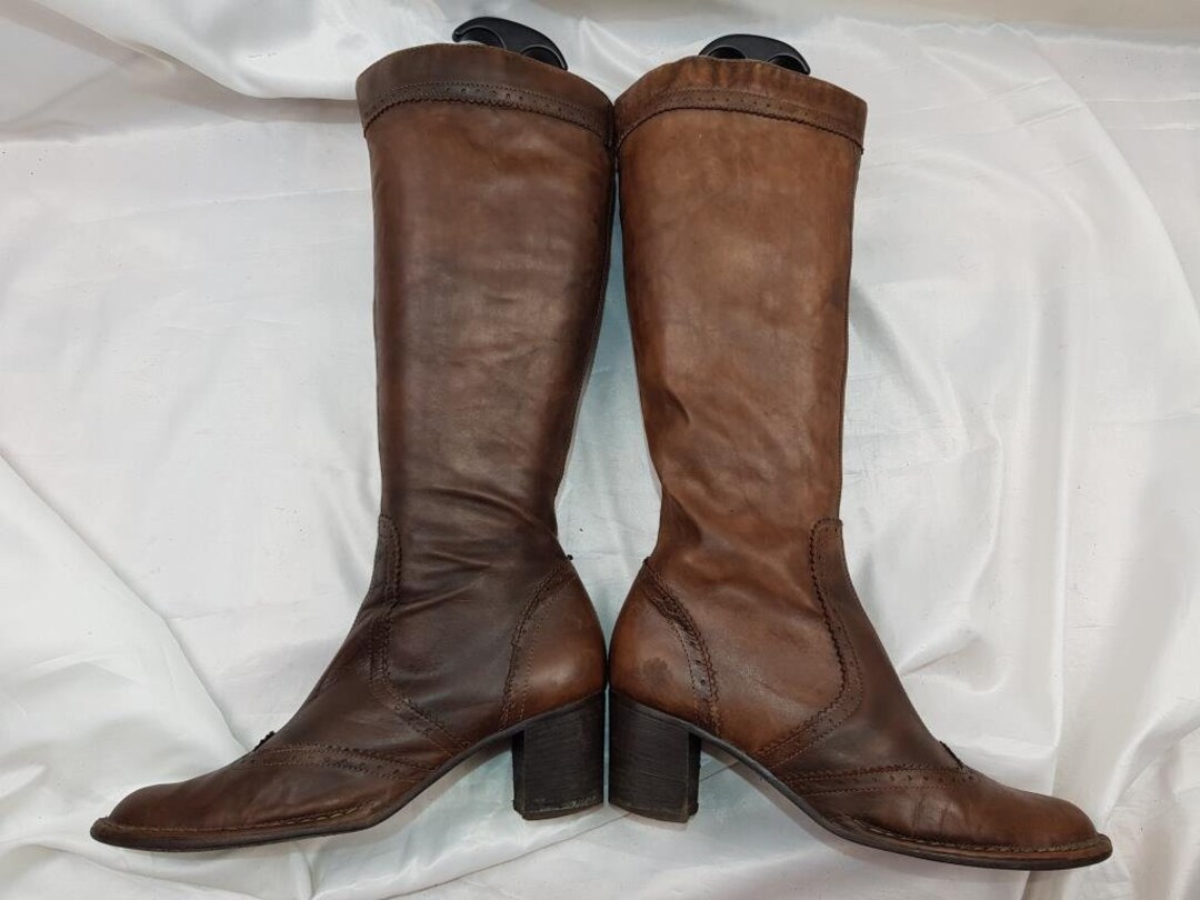 Vintage Knee High Boots Brown Leather Boots Women Chunky - Etsy