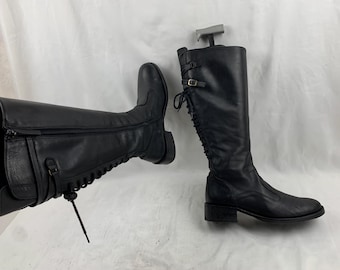 Leather lace up knee high boots women 90s vintage black, size 7 US