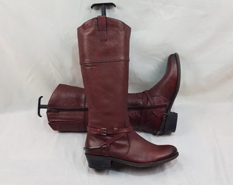 Riding vintage knee high boots women, 90s buckle burgundy boots, medieval round toe boots, red leather boots women, retro pirate boots