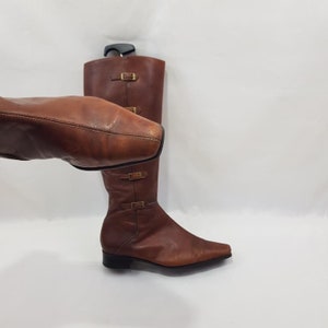 Y2k kniehoge leren laarzen dames, bruine laarzen met lage hak vierkante neus, damesschoenen, vintage dameslaarzen met gesp, maat 8 US