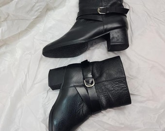 Black ankle boots, custom shoes women, handmade buckle boots, black mid calf boots, round toe leather boots women, retro chunky heel boots