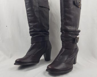Vintage Brown Leather Slouch Boots Women: Round Toe, Boho Knee High, Buckle 8 US