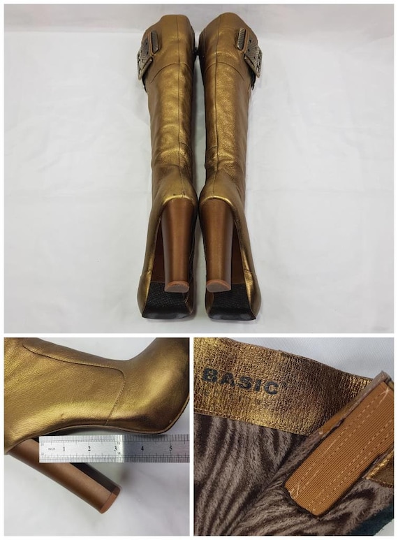 90s platform boots, metallic gold boots, y2k knee… - image 7