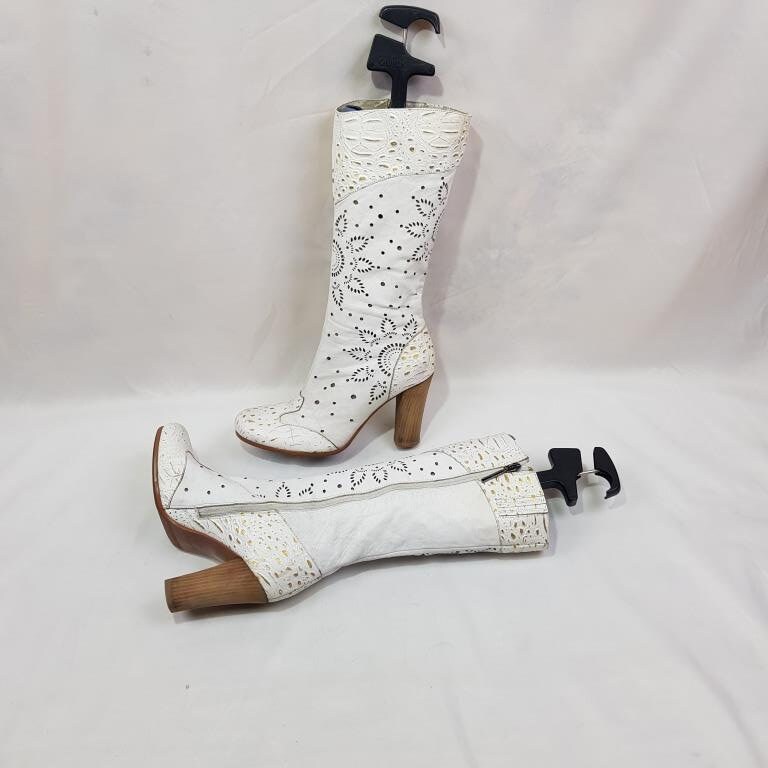 White Leather Flower Boots Women, Y2k Heeled Knee High Boots