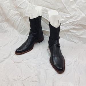 Black leather boots women, low heel boots, shoes women 90s black ankle boots, mid calf boots, heeled womens vintage handmade boots size 9 US