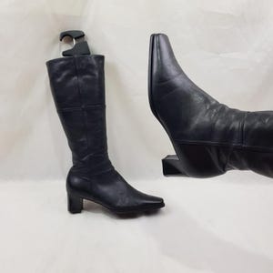 Y2k leather square toe knee high boots women 2in heel, 90s shoes women, black mod heeled boots women, retro womens low heel boots size 8 US