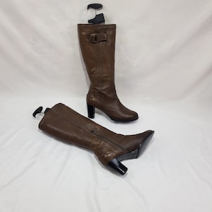 Y2k kniehoge dameslaarzen met hak, bruine gogo-laarzen met ronde neus, damesschoenen, mode uit de jaren 90, vintage laarzen met gesp maat 9 VS