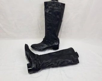 Mittelalterliche kniehohe Stiefel, schwarze Lederstiefel Frauen, Vintage Stiefel mit niedrigem Absatz, Schuhe Frauen, handgefertigte Boho-Stiefel, Damenstiefel Größe 9 US