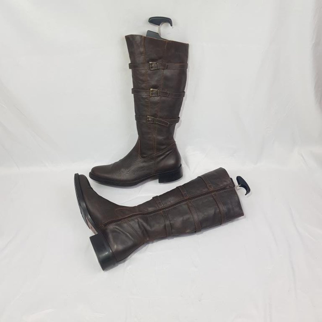 Vintage Brown Leather Buckle Boots Women: Renaissance, Knee High, Round ...