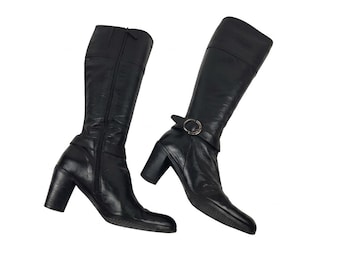 High heels, pointed toe leather boots women: Y2k knee high, vintage shoes 7 US