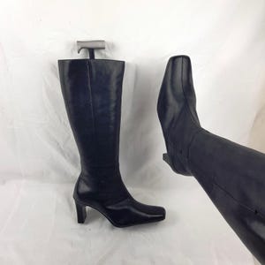 Leather wide calf square toe boots women, shoes women, y2k hippie black knee high boots, 90s vintage heeled womens boots size 8 US