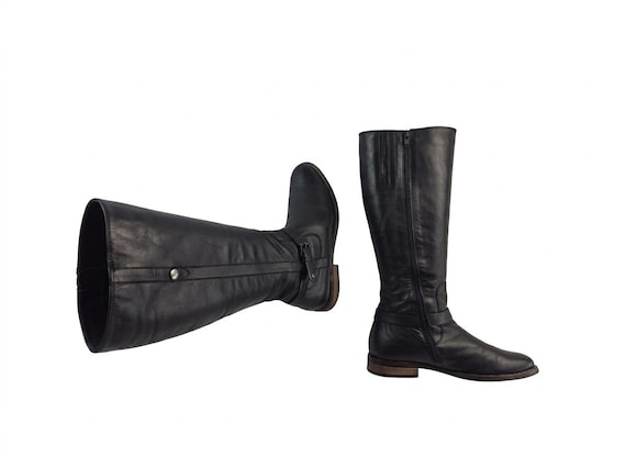 Black tall leather knee high riding boots women: Y2k slouch buckle, size US 7