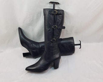 Pointed Toe leather knee high buckle boots women: 90s vintage heel, black size 7