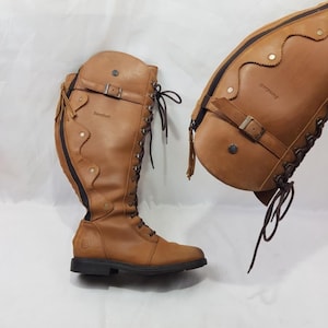 Lace up leather wide calf boots women, y2k fashion vintage biker knee high boots, shoes women, waterproof womens riding boots size 8 US