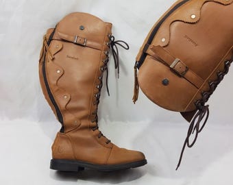 Bottines mi-mollet larges à lacets en cuir pour femmes : marron vintage Y2k, pointure 8 US