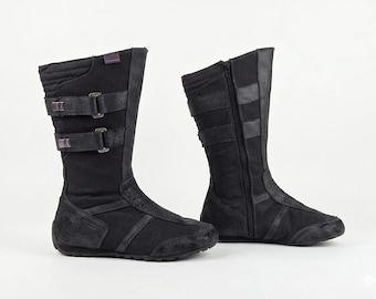 Leather denim barefoot boxing boots women: Y2k vintage flats, black knee high, 7 US