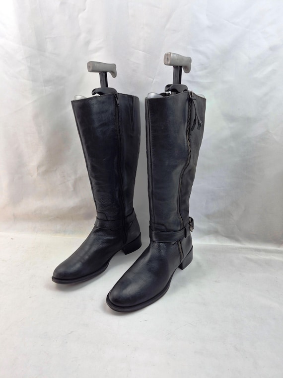 Black wide calf knee high leather boots, Y2k vintage, buckle size 7 US