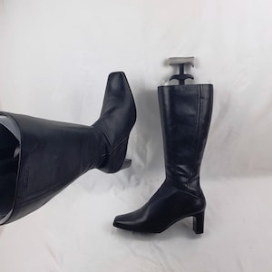 Leather square toe wide calf boots women, shoes women, 90s mod black knee high boots, y2k fashion vintage heeled womens boots size 7 US