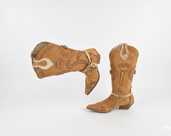 Botas vaqueras de cuero con punta puntiaguda y estampado floral para mujer: estilo vintage italiano Y2K, hasta la rodilla, estilo western, 8