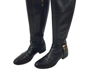 Y2K black leather knee high boots women: low heel riding, US Size 8