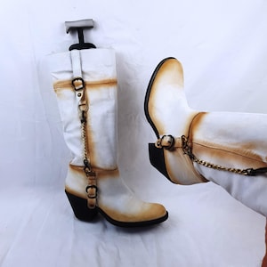 Womens cowboy leather western buckle boots, Italian shoes women, vintage heeled knee high boots women, y2k pirate cowgirl boots size 10 US