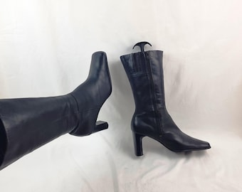 Black leather mid-calf square toe boots women: Y2k high heels, size 10 US