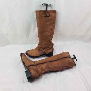 Boho knee high leather boots women, 90s vintage renaissance brown buckle boots, shoes women, medieval low heel womens boots size 9 US