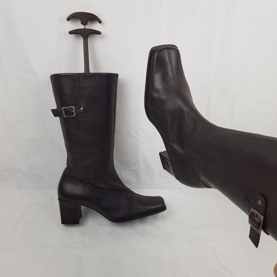 Damen Vintage Leder Wadenhohe Stiefel: 90er Jahre Karree Kappe