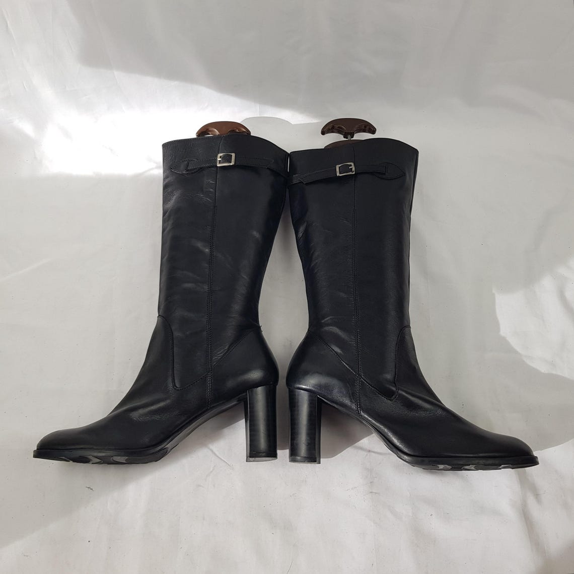 Vintage black leather heeled boots women: Y2k high heels, mid calf, 9 US, foto 4 di 5
