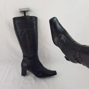 Womens square toe knee high leather boots 2in heel, shoes women, hippie black boots, y2k gothic vintage heeled boots size 8 US