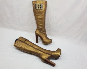 90s platform boots, metallic gold boots, y2k knee high boots, larp high heel long boots, rave leather boots women, handmade stripper boots