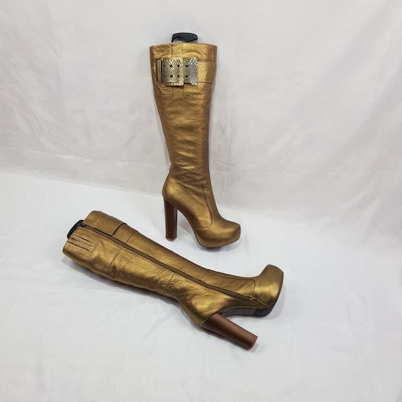 90s platform boots, metallic gold boots, y2k knee… - image 1
